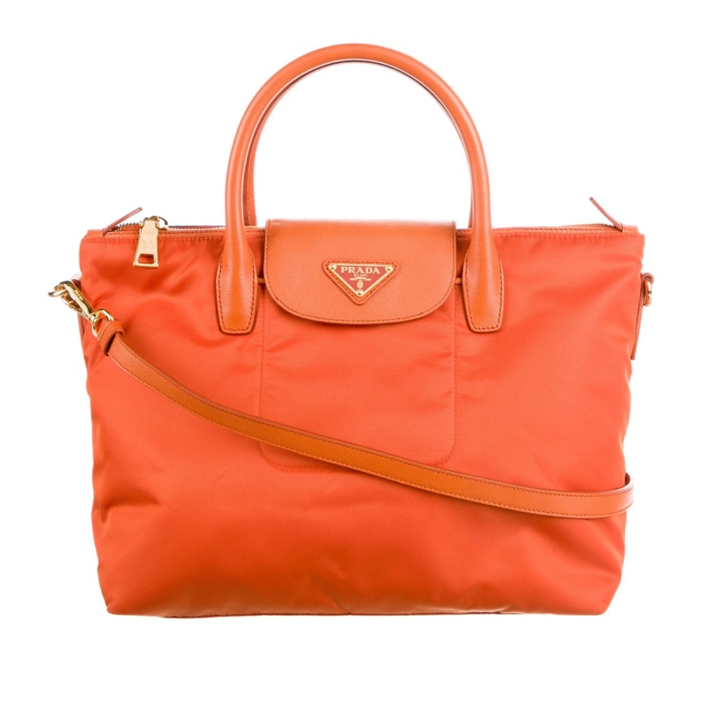 Orange Prada Saffiano-Trimmed Tessuto Tote